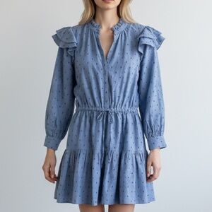 Joie NWT Light Blue Eyelet Tiered Mini Dress with Ruffle Shoulders